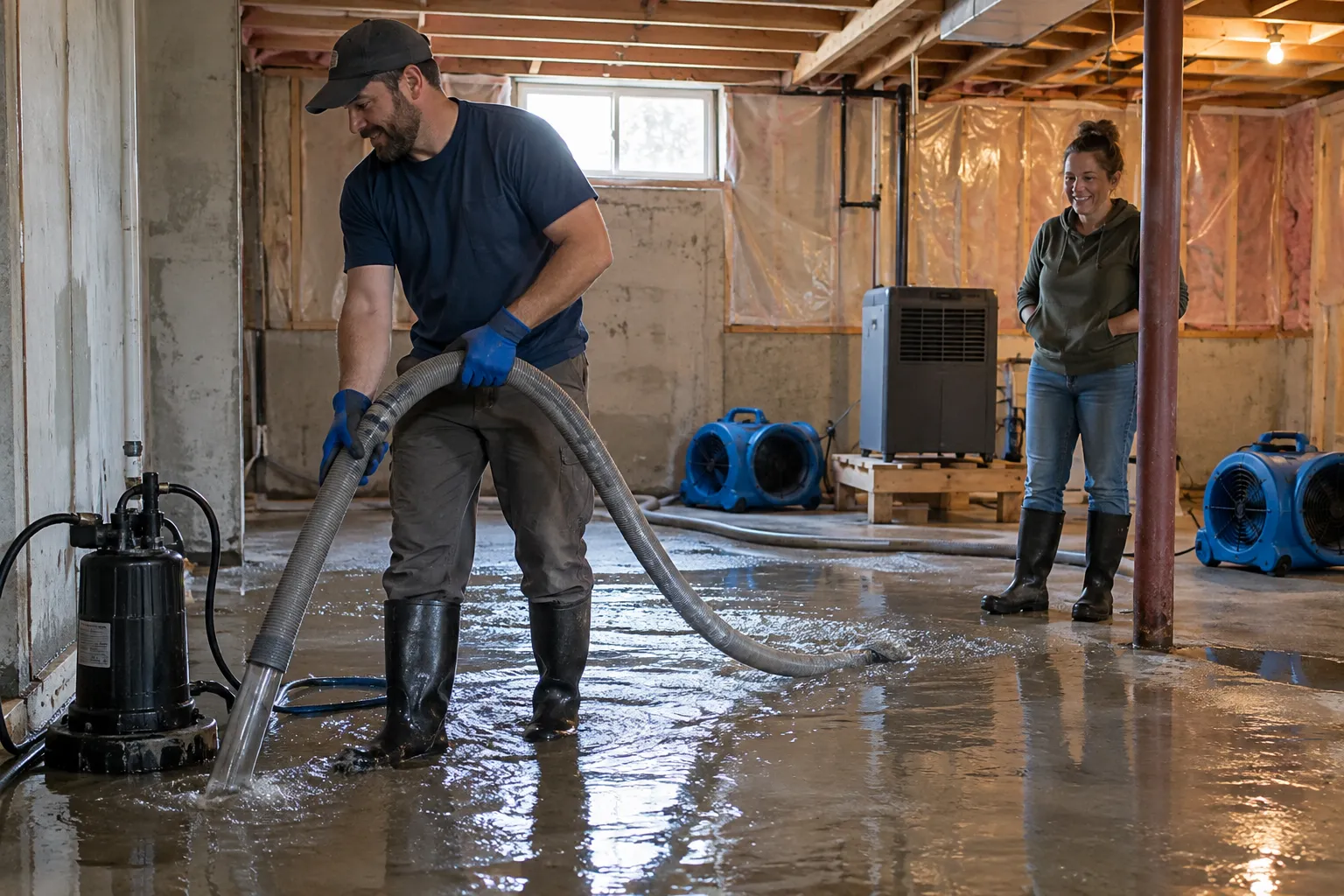 Local provider using a water pump to clear a flooded basement in a Miami home