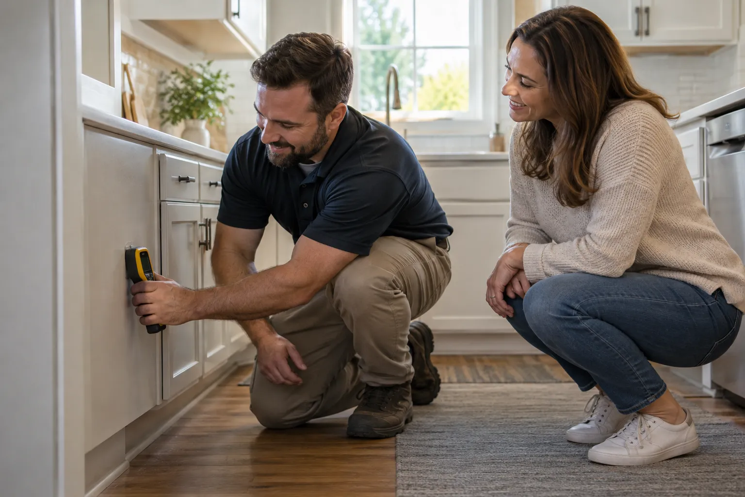 Friendly provider checking a wet wall for a the Greater Miami area homeowner
