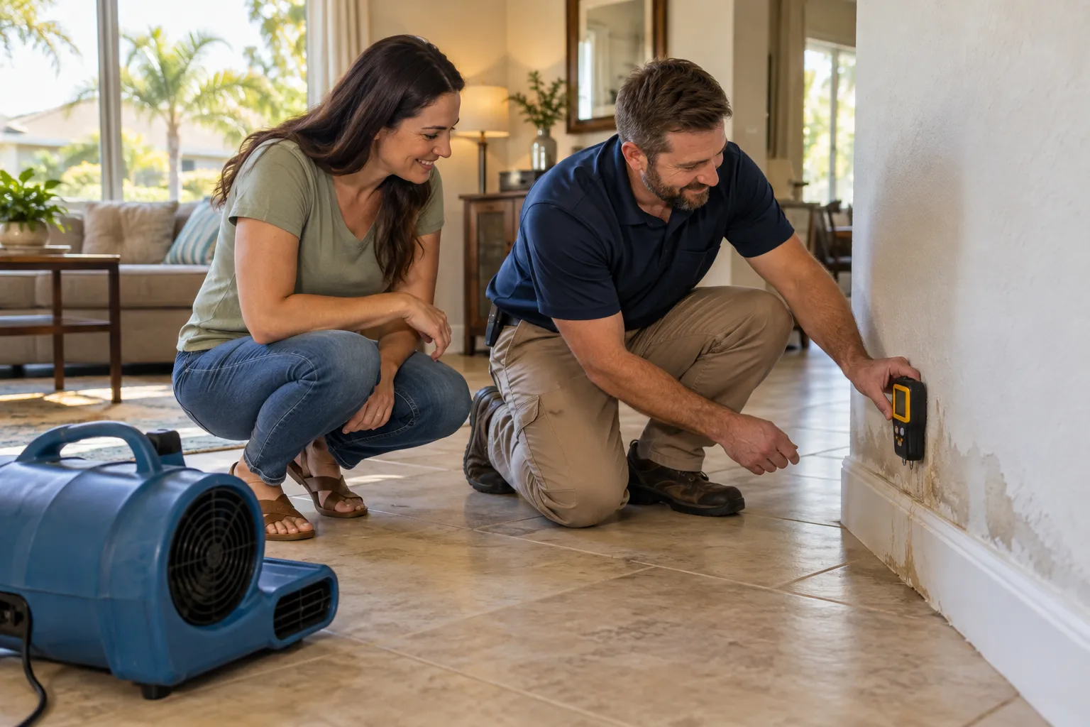 A homeowner in Miami talking with a local water damage provider in a bright living room