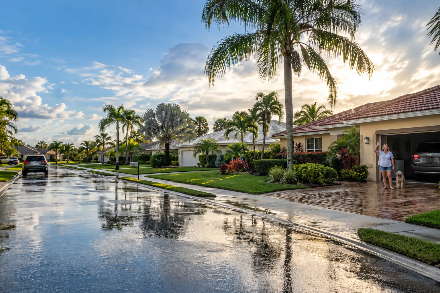 A neighborhood of concrete block homes with tile roofs near Miami after a summer storm