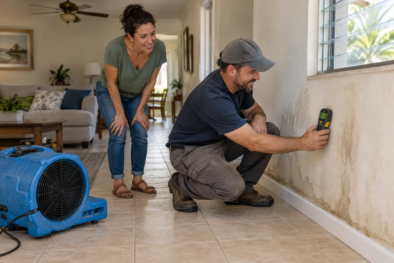 A friendly local provider checking a wet living room wall with a moisture meter in a Miami home