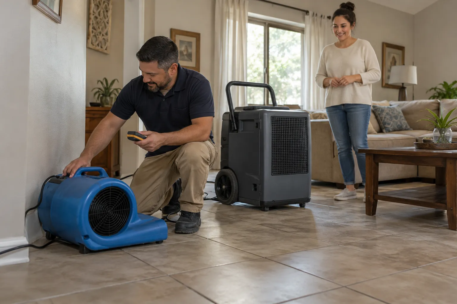 A local provider setting up drying equipment in a flooded living room in a Miami home